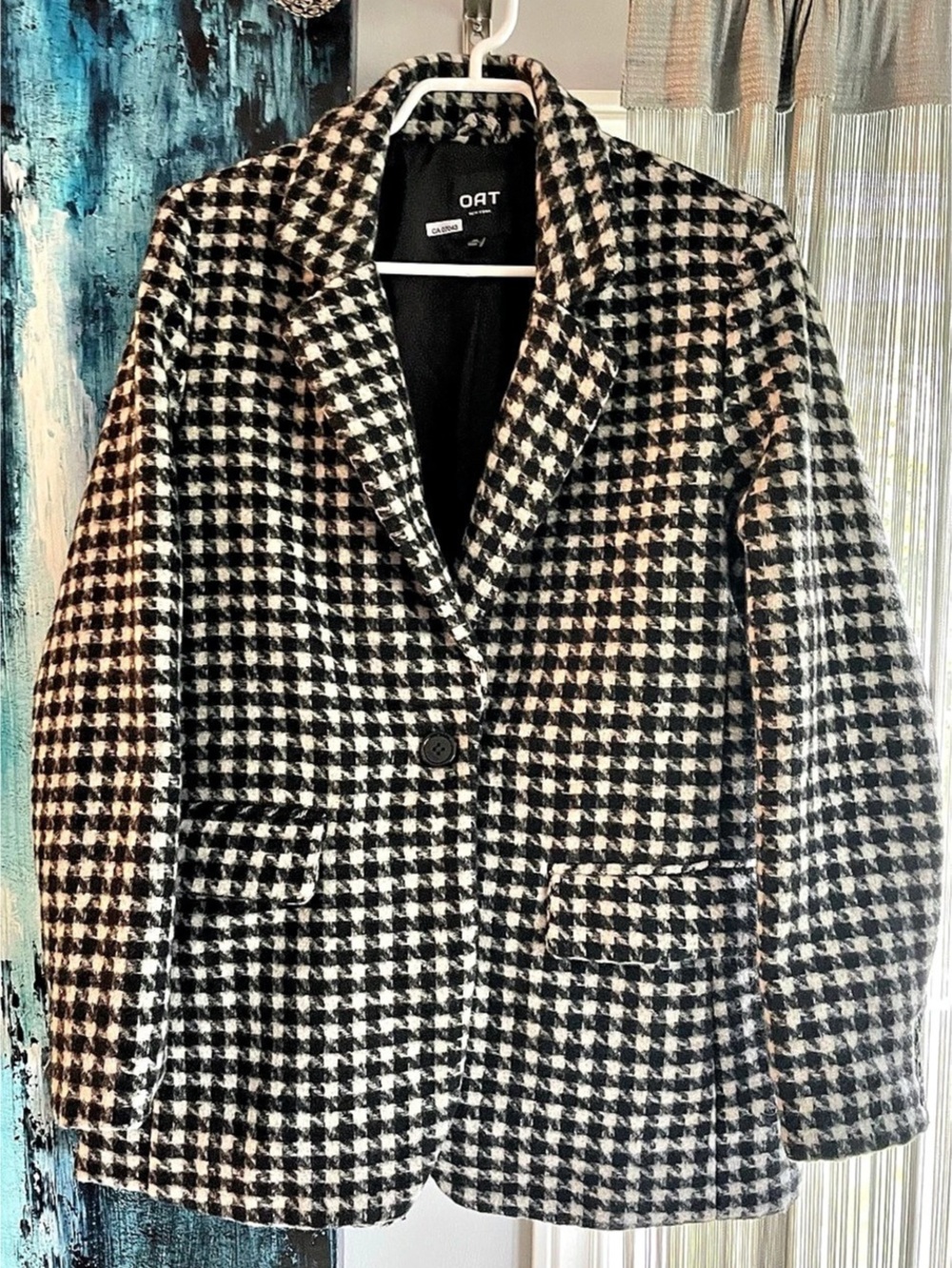 OAT Houndstooth Wool Blend Blazer Black & White Size Medium